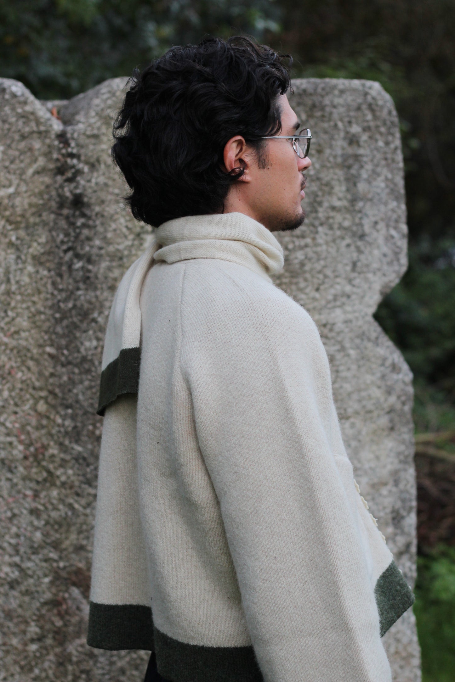 Unisex beige wool scarf 3/4 right side close up picture worn with Unisex beige wool jacket